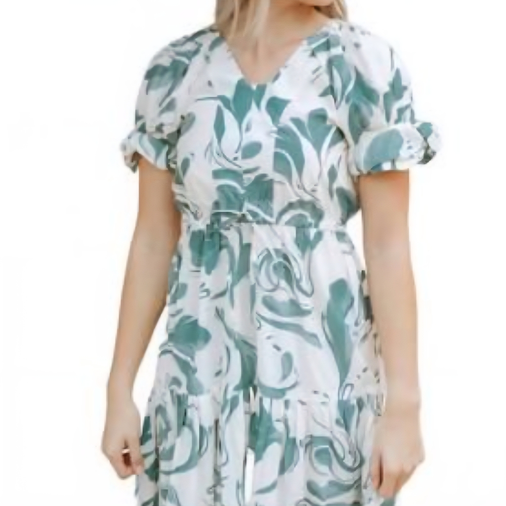 Great Transition Outfit Lightweight Green and White Patterned Midi Dress - Picture 4 of 4